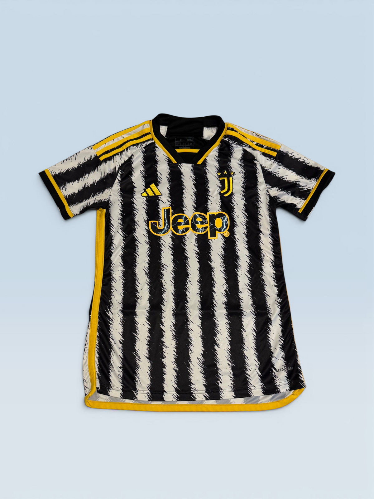 Juventus 2023-24 black and white striped home soccer jersey, Adidas kit